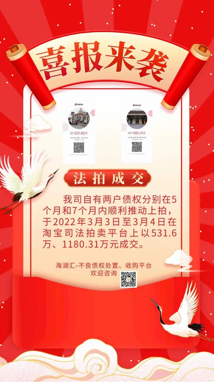 【法拍成交】海湖汇2户债权在3月3日、3月4日分别以531万元、1180万元法拍成交